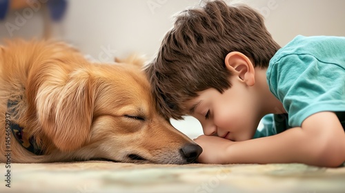 A child and a dog share a tender moment, showcasing their deep bond and friendship.