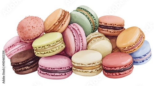 Colorful macaron assortment in a watercolor style.