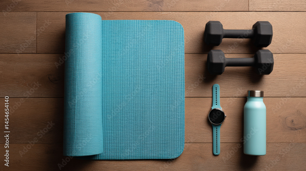 Naklejka premium Flat lay of yoga mat, dumbbells, water bottle and smart watch on wooden floor, soft light, modern fitness concept
