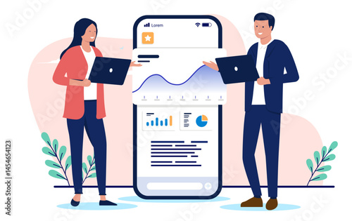 Businesspeople and chart on mobile screen - Two people looking at graph in phone, holding laptop computers and smiling while analysing and reading financial data. Flat design vector illustration