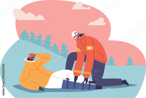 Winter rescuer bandaging injured leg