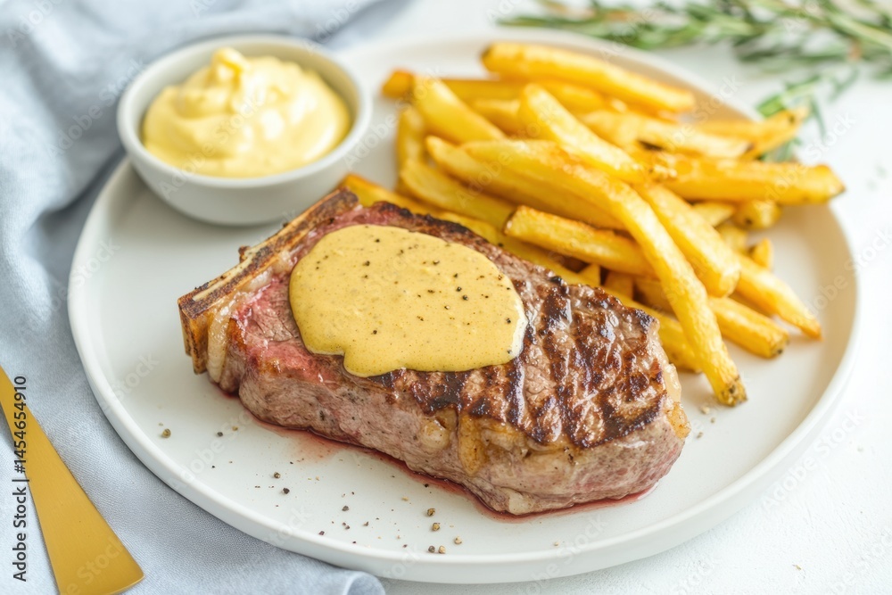 Grilled beef steak with creamy mustard sauce, served with golden French fries and rosemary on a white plate. Gourmet restaurant dish with modern presentation and delicious comfort food styling. Banner Grilled beef steak with creamy mustard sauce, served with golden French fries and rosemary on a white plate. Gourmet restaurant dish with modern presentation and delicious comfort food styling. Banner