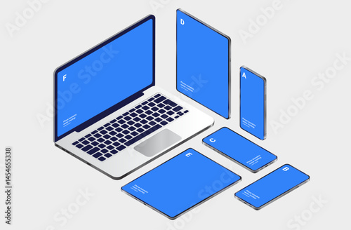 Vector device isometric collection - Mobile phones, laptop computer, and tablets in various angels, laying down and standing. Semi realistic professional illustration mockup