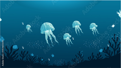 World Environment Day illustration showing plastic jellyfish swimming among plastic waste underwater. Message to tackle plastic pollution.