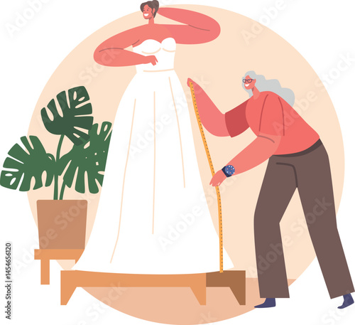 Sewing bridal dress process vector illustration