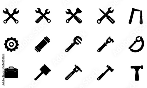 Black Hand Tools Icon Set. Black vector icons of various hand tools: wrenches, screwdriver, pliers, gear, tape, hammers, toolbox, and T-square.