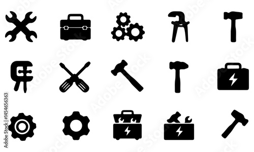 Black Hand Tools Icon Set. Black vector icons of various hand tools: wrenches, screwdriver, pliers, gear, tape, hammers, toolbox, and T-square.