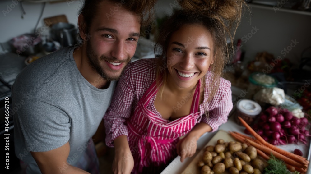 Fototapeta premium Happy Couple Cooking in Kitchen with Fresh Vegetables, Potatoes, Carrots, and Onions, Cheerful and Smiling