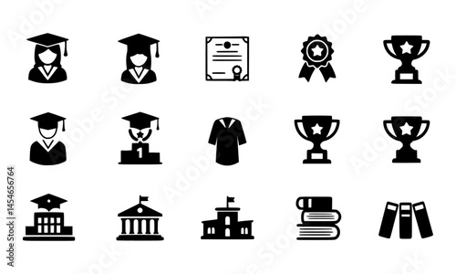 Black Graduation and Academic Achievement Icons. graduation and academic success, including graduating students, diplomas, awards, a podium, a graduation gown, trophies, and academic buildings.