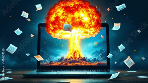 Dramatic explosion emerging from a laptop, surrounded by flying papers in a dark, moody atmosphere