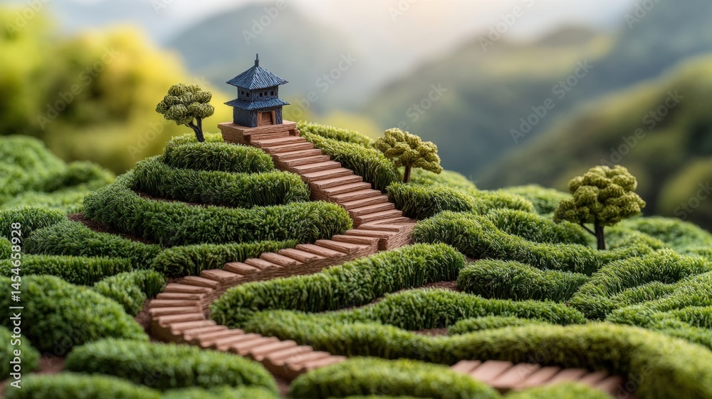 Fototapeta premium Miniature winding stone staircase ascending lush green moss-covered hill leads to dark-roofed pagoda with blurred verdant mountains in background
