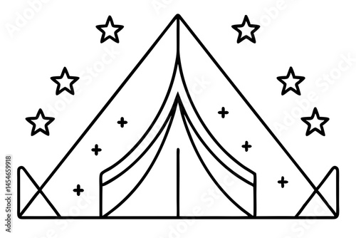 Minimalist Tent Line Art with Stars – Camping Under Night Sky Illustration

