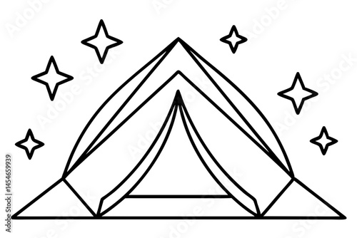 Minimalist Tent Line Art with Stars – Camping Under Night Sky Illustration

