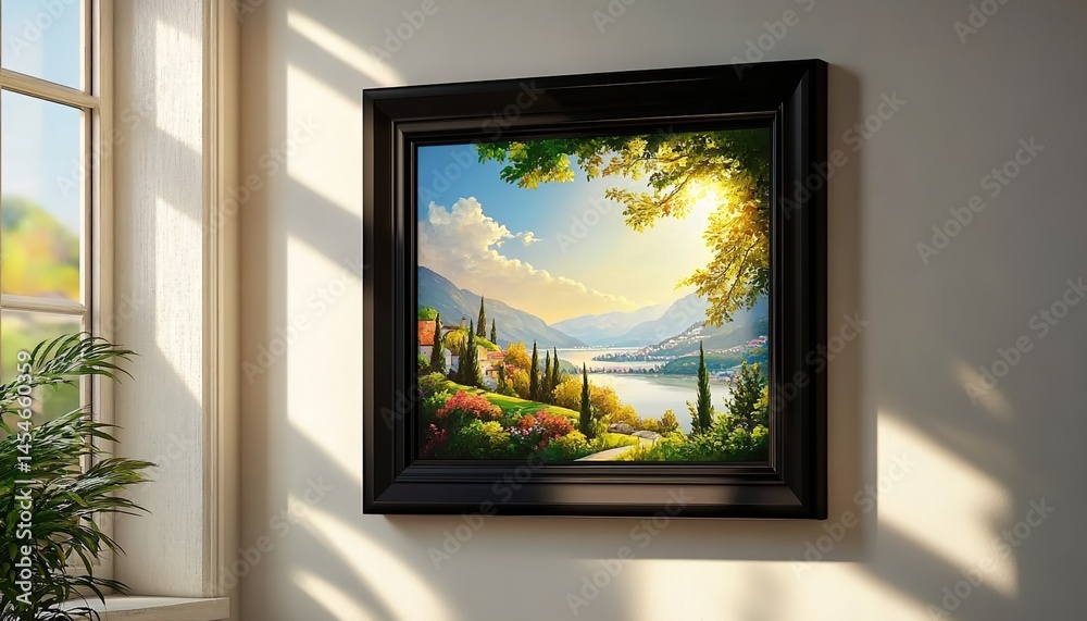 Fototapeta premium A landscape painting hanging on a white wall, depicting a house, trees, a lake, mountains, and a blue sky, with sunlight streaming through a window onto the wall