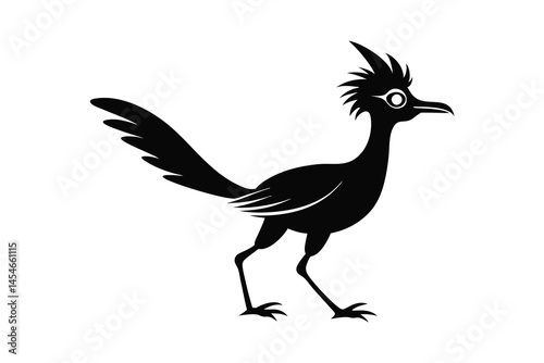 Stylized black roadrunner walking silhouette isolated on white background