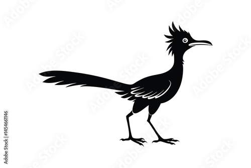 Stylized black roadrunner walking silhouette isolated on white background