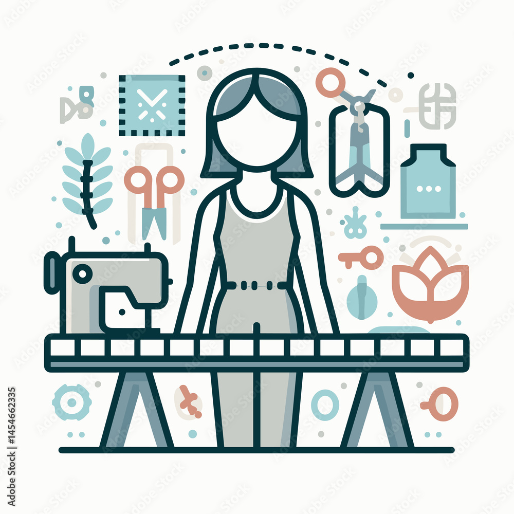 Fototapeta premium Woman sewing with sewing machine and crafting tools in the background