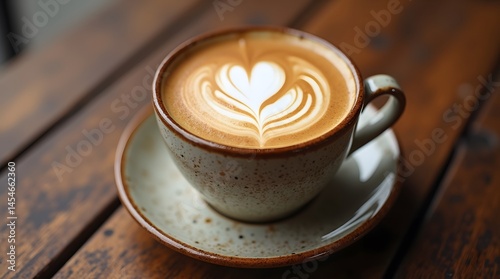 Close-up of a cappuccino with latte art on a wooden table. Perfect for coffee shop menus, beverage ads, or lifestyle blogs. 195 characters