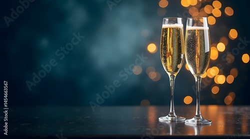 Two elegant champagne flutes filled with bubbly liquid on a dark, festive background with bokeh lights. Celebratory and sophisticated. Best for New Year, weddings, parties.