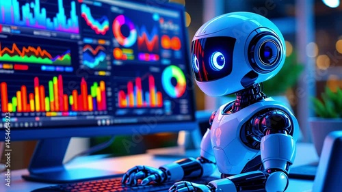 A futuristic robot analyzing data on a computer screen in a modern office environment at night