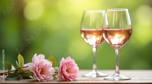 Elegant rose wine glasses and pink flowers on a wooden table against a blurred green background. Ideal for celebrating special occasions, romantic dinners, or lifestyle content.