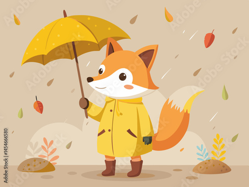 Cute Fox in Yellow Raincoat Holding Umbrella Autumn Rain