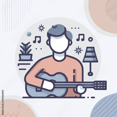Man playing guitar in a cozy, illustrated setting