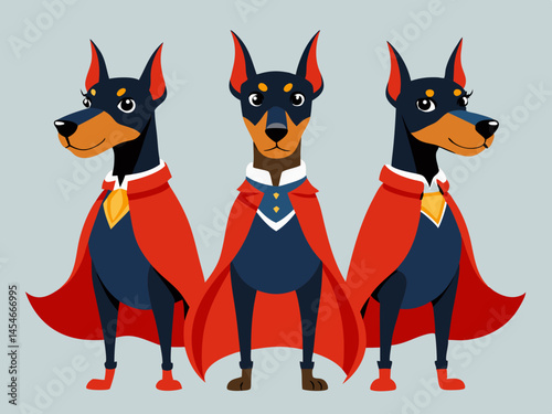 Three Doberman Pinschers in Red Capes Superhero Costume