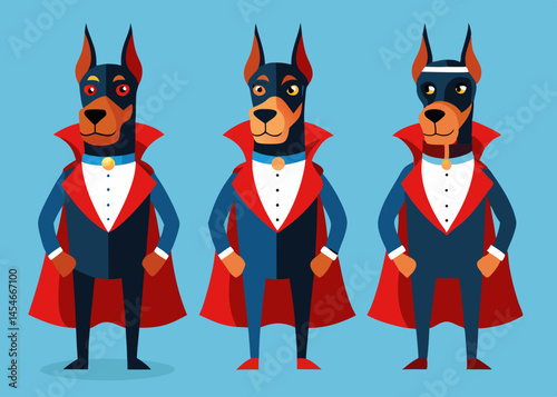 Three Doberman Pinschers Dressed in Superhero Costumes