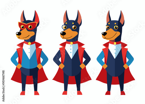 Three Doberman Pinscher Superheroes in Red Capes and Suits