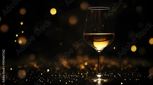 Elegant Wine Glass: a pristine glass of wine set against a backdrop of softly blurred, golden lights, evoking a sense of luxury and sophistication.