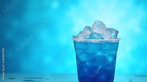Refreshing blue ice drink in a clear plastic cup with ice cubes. Perfect for summer refreshment and beverage concepts.