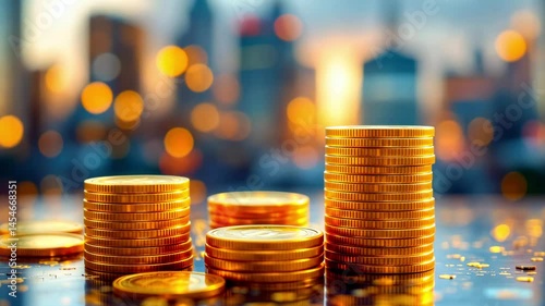 Stacks of golden coins reflecting city lights at sunset, symbolizing wealth and investment opportunities