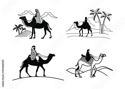 Silhouette of Arab Man Riding Camel in Desert Vector Art.