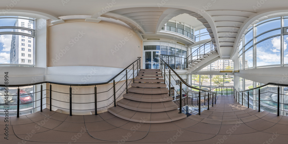 hdri 360 panorama view in empty modern hall near panoramic windows with columns, staircase and doors in full equirectangular spherical projection,may use as environment map in VR