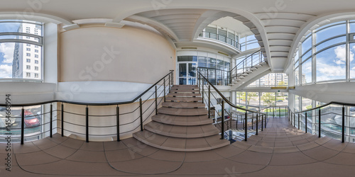 Obraz na płótnie hdri 360 panorama view in empty modern hall near panoramic windows with columns, staircase and doors in full equirectangular spherical projection,may use as environment map in VR w salonie