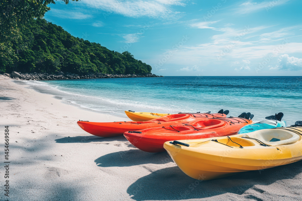 of vibrant beach scene showcasing kayak and surfboard rentals. of vibrant beach scene showcasing kayak and surfboard rentals.