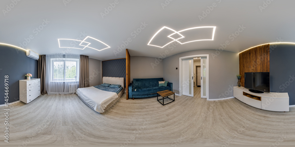 hdri 360 panorama view in bedroom loft room in luxury elite vip hotel in full in equirectangular spherical projection, skybox VR AR content