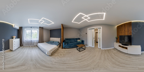 Obraz na płótnie hdri 360 panorama view in bedroom loft room in luxury elite vip hotel in full in equirectangular spherical projection, skybox VR AR content w salonie