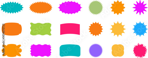 Abstract wave shape stickers. Zig zag wavy shape frames. Vector abstract photo frames and text boxes. Geometric stamps. Hand drawn stars, design elements, badges, geometric figures