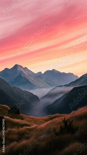 Breathtaking Mountain Range Under Pink Sky and Misty Valley Creates Stunning Views