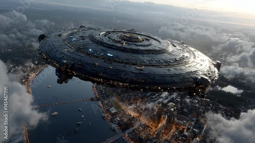 Giant ufo spaceship flying over city at dusk, cinematic alien invasion concept