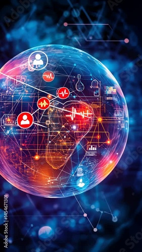 Vibrant Digital Globe of Health and Wellness Icons Enhancing Global Connectivity and Technology