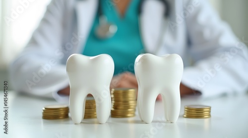 Close-up of two dental implants with stacks of coins, suggesting the cost of dental care. Best used for illustrating dental health, cosmetic dentistry, or financial aspects of medical procedures. 
