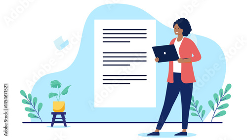 Woman with text document - Text writer person with laptop computer writing, being an author and working on file. Flat design vector illustration on white background