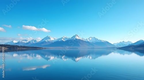 Majestic mountain range reflected in a serene lake under a clear blue sky. Perfect for travel, nature, and scenic backgrounds.