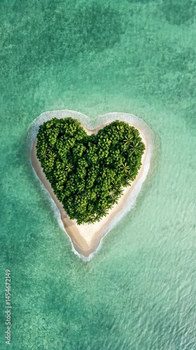 Heart Shaped Island with Turquoise Ocean, Lush Greenery, and Sandy Beach Paradise