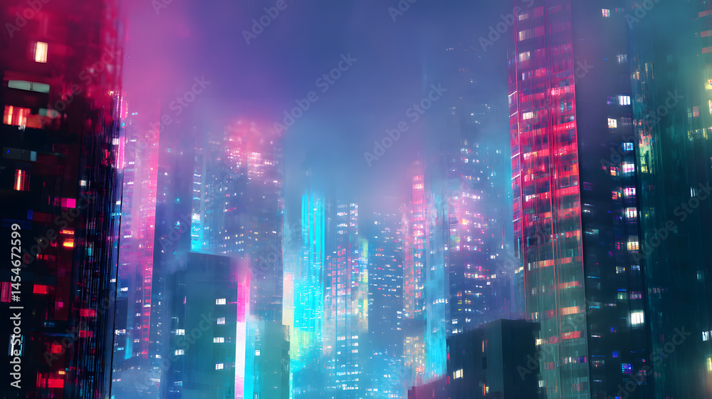 Fototapeta premium Neon City Skyline: A futuristic cityscape blazes with neon lights and shrouded in atmospheric mist. Reflecting the vibrant energy of urban life and a sense of innovation.