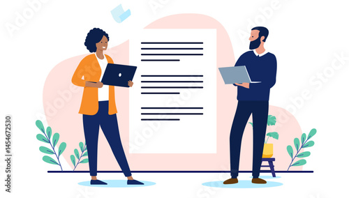 Business text writers - Two businesspeople in marketing working and writing and authoring text file document together. Flat design vector illustration on white background
