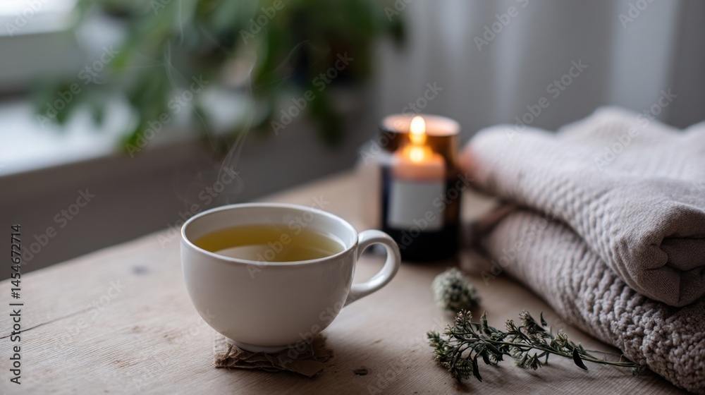 Warm tea, burning candles, soft natural light creating peaceful atmosphere on wooden table with cozy blanket near window, embodying tranquil moment of relaxation and self care